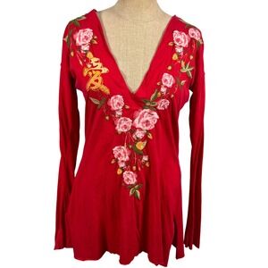 Johnny Was S Red Floral Embroidery Long Sleeve V-Neck Top Boho Chinese Word Love